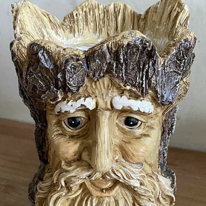 Puede incluir: Una maceta de cerámica con forma de cara de hombre barbudo con textura de corteza de árbol. La maceta es de color marrón claro con barba y cejas blancas.