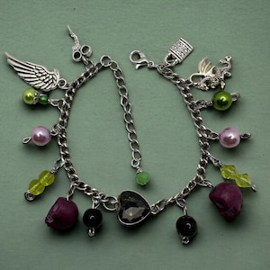 Women’s Maleficent Inspired Silver, Green, Purple Goth Handmade Charm Bracelet