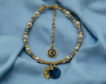 Women’s Gold, Pearl and Blue Teal Crescent Moon Druzy Beaded Charm Bracelet