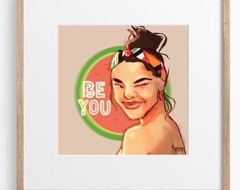 Watermelon Quote Wall Art – “Be You” Inspirational Summer Print, Afrocentric Home Decor, Black Girl Magic, Vibrant Fruit Illustration