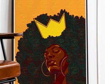 Peut inclure: Une affiche encadrée représentant une femme noire avec une grande afro et une couronne jaune. L'œuvre d'art a un fond orange chaud avec des motifs de couronnes répétées. La femme porte de grandes créoles. L'affiche est exposée à côté d'un fauteuil en cuir marron.