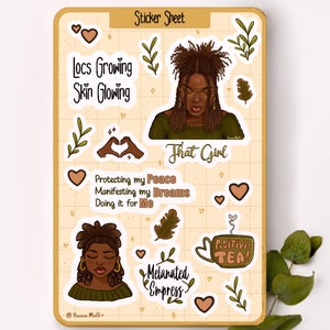 Hojas de pegatinas para chicas negras, peinados con rastas, afirmaciones positivas, pegatinas para diario, decoraciones estéticas de otoño para Kindle, minimalistas, lindas, verdes