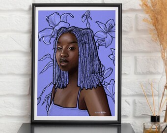 Purple Black Girl A3 Print with Lily Flowers – Afrocentric Wall Art, Locs Illustration, Purple Minimalist Decor, Black Girl Magic Gift