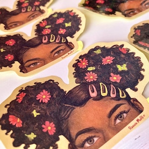black girl sticker Afro space buns hairstyle for journaling bullet journal flowers yellow and pink small stationery supplies for decoration