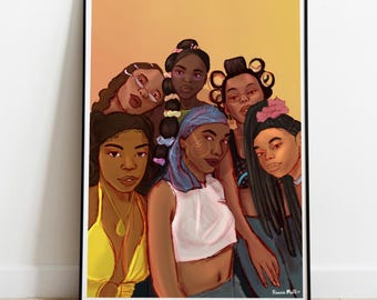 A3 Black Friendship Group Print – Sisterhood Wall Art, Afrocentric Home Decor, Natural Hair Collective Poster, y2k Black Girl Magic Decor