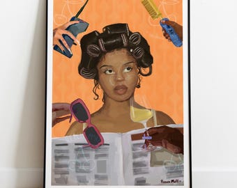A3 Retro Black Girl Wall Art Print – Afrocentric Home Decor | Realistic Black Woman Illustration | 70s Collage Aesthetic Art for Living Room
