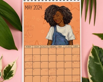May 2024 black girl calendar, orange wall hanging, digital download a4 calendar, work organisation aesthetic planner, Afro black girl hair