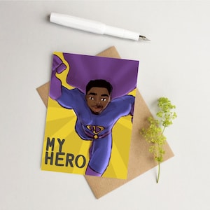 Tarjeta de felicitación para papá superhéroe, tarjeta A6 para él, tarjeta de cumpleaños de superhéroe para hombre negro, tarjeta del Día del Padre para mi héroe, padre e hijo, pequeño regalo