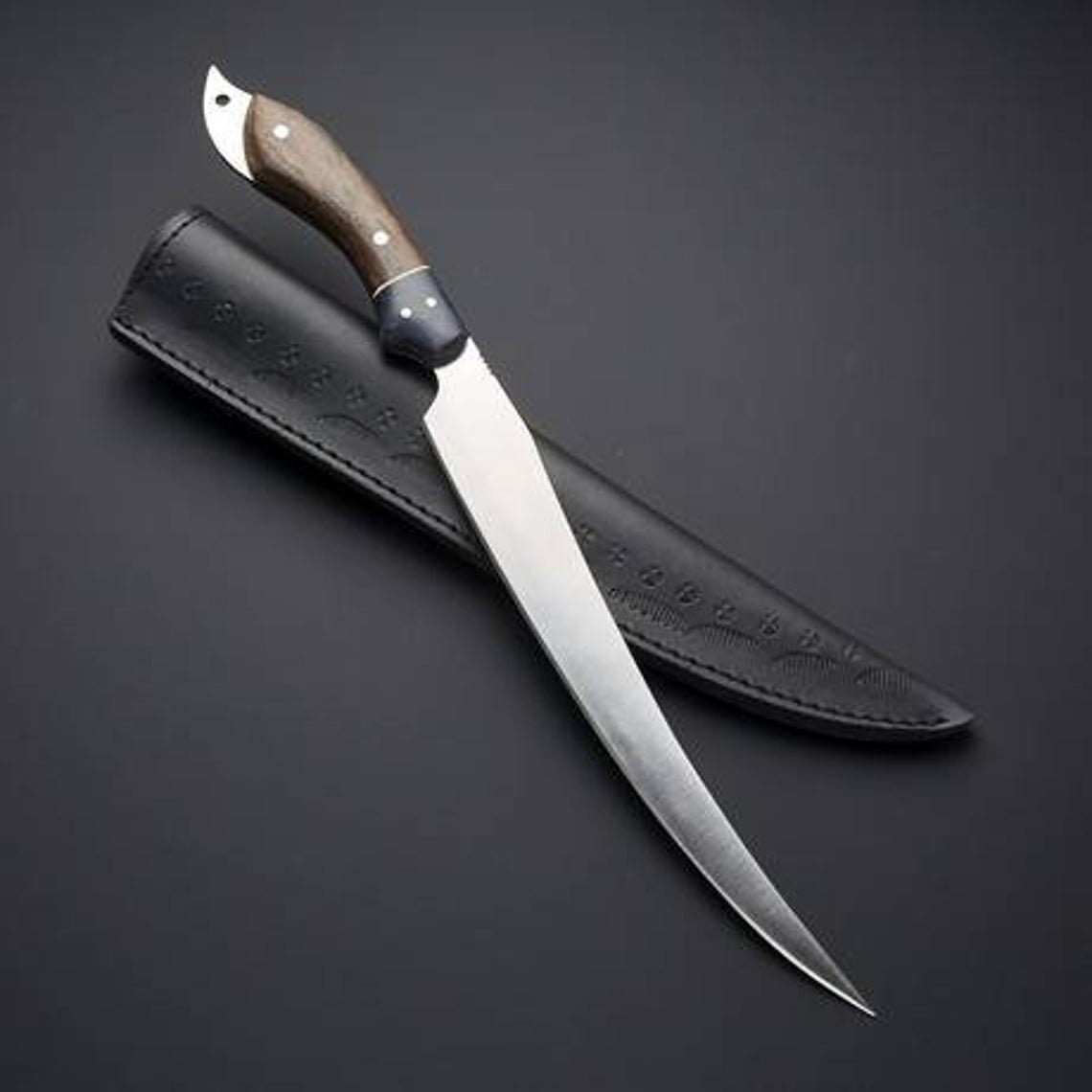 D2 steel Fillet Knife with Beautiful Wood handle included leather sheath best gift