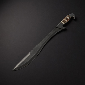 Espada Falcata de Damasco con hermosa empuñadura de asta de ciervo incluida Funda de cuero