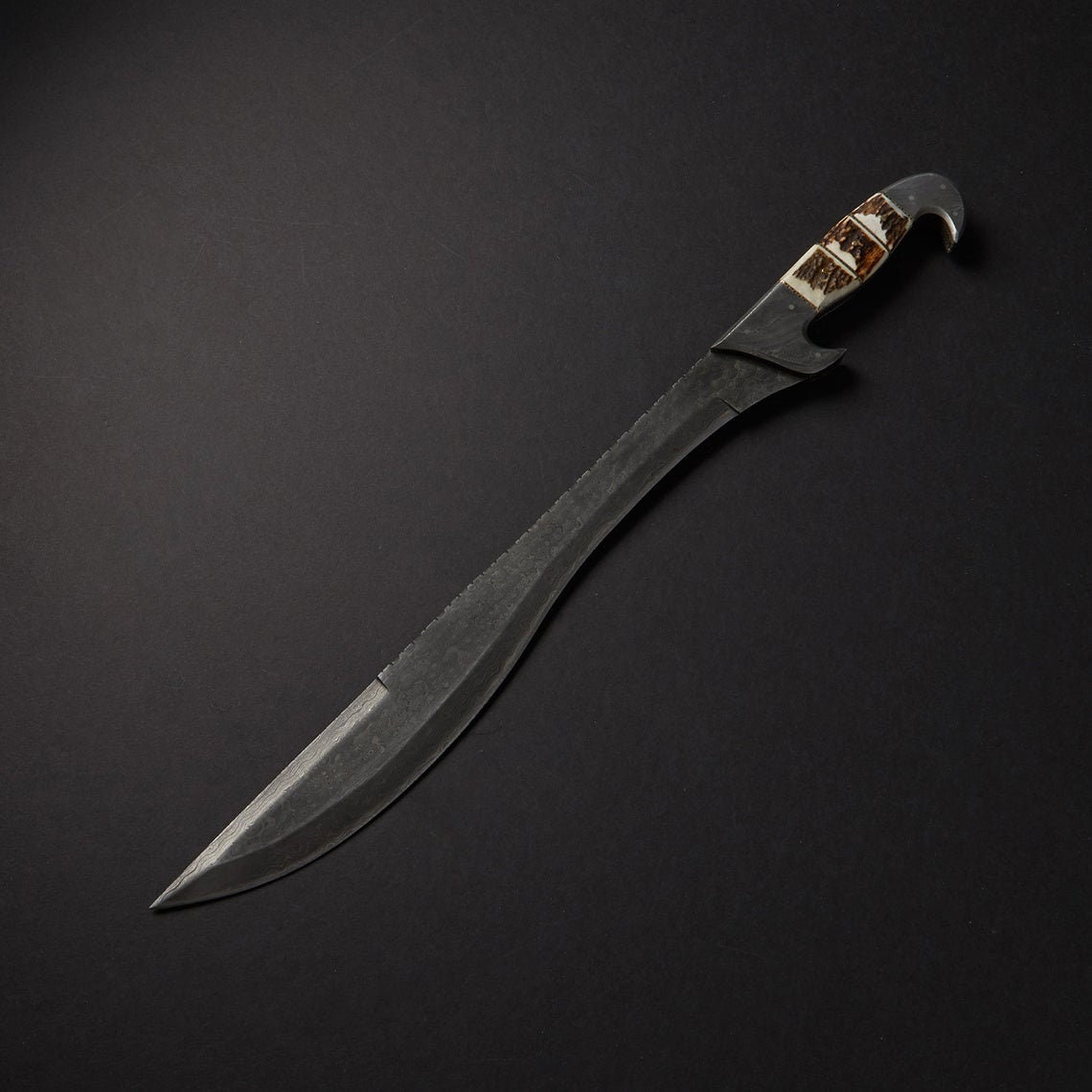 Damascus Falcata Sword With Beautiful Stag Horn Handle Included Leather ...