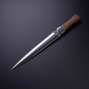 May include: A silver dagger with a wooden handle. The blade is long and pointed, and the handle is dark brown.