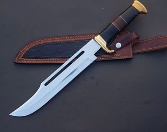 D2 stalen bowiemes met handvat van stierhoorn, leren schede