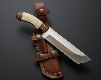 D2 steel Tanto Knife with Beautiful Bone handle included leather sheath