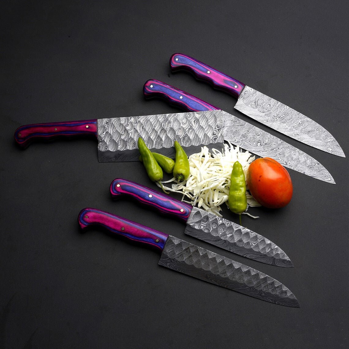 Damascus Kitchen Knives Set / Chef Set With Beautiful Wood - Etsy