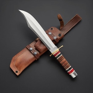 D2 steel Bowie with Beautiful Stacked Leather handle Included leather sheath Best gift for him / her