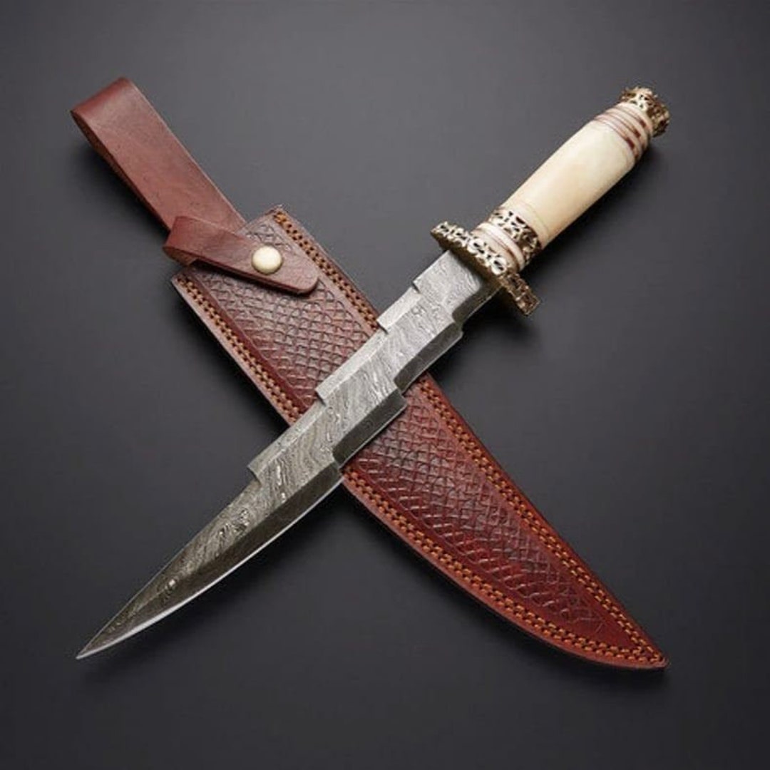 Damascus Lightning Bolt Knife With Beautiful Bone & Brass Handle