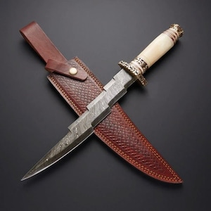Damascus Lightning Bolt knife with Beautiful Bone & Brass Handle included Leather Sheath best gift for him / her Anniversary gift