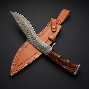 Damascus Kukri  with Beautiful Wood handle with leather sheath