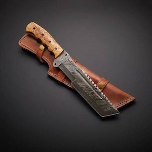 Damascus Tracker knife with beautiful Wood handle included leather sheath best gift for him / her Anniversary gift