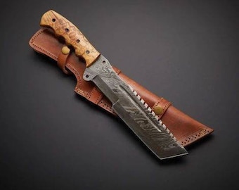 Damascus Tracker Knife with Wood Handle and Leather Sheath
