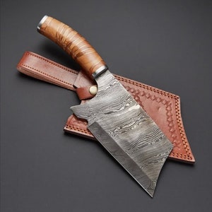 Damascus Cleaver / Chopper Chef knife with Beautiful Wood Handle included Leather Sheath best gift for him / her Anniversary gift