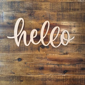 May include: A wooden cutout spelling "hello" in a cursive font. The letters are a light brown colour and are placed on a dark brown wooden surface. The word is centred in the image.