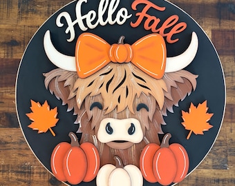 Hola otoño Colgador de puerta con vaca de las Tierras Altas / Sin pintar / Calabazas