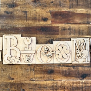 May include: Wooden craft kit to create a "BLOOM" sign with a flower, butterfly, and bird design. The kit includes individual pieces for each letter and decorative elements.