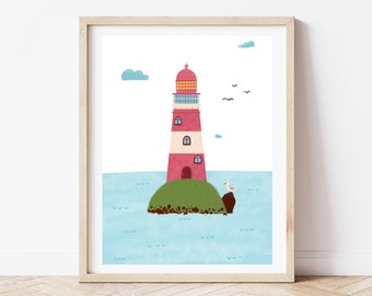 Lighthouse kid room poster -  Nautical Nursery Prints - The Sea Life - Ocean Art - Whale Wall Art - Lighthouse Decor - Artwork - Wall Decor