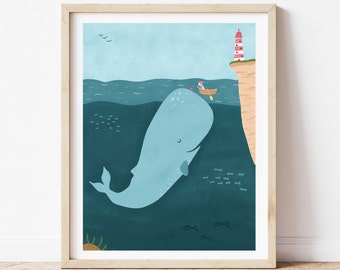 Tirage de cachalot - Impressions de pépinières nautiques - Les impressions de la vie marine - Art de l’océan - Art du mur des baleines - Impression d’animaux de pépinière - Décor de phare