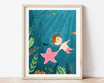 The Boy and the Sea Start Print, Nursery Wall Decor, Girl Nursery Decor, Ocean Wall Art Print, Artwork, Nautical poster