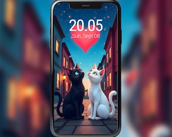 Fondo de pantalla para móvil de gatos de San Valentín con ilustración de corazón (descarga digital)