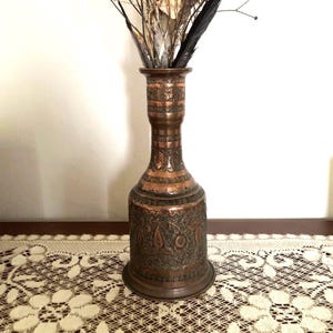 Antique Embossed Repoussé Indo-Persian Style Copper Hookah Base Vase Floral Motif