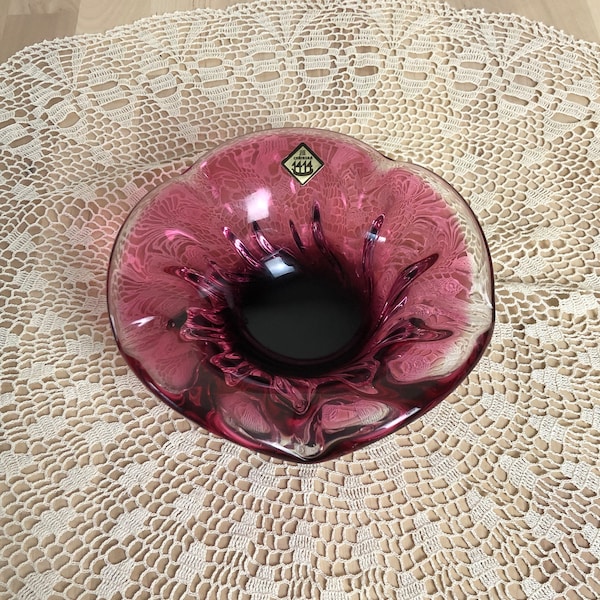 Vintage Chřibská Czech blown sculpted  art glass bowl clear cranberry poppy flower shape Joseph Hospodka 1960s model with original label