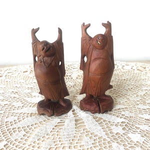 Two old vintage Daoist Chinese handcarved rosewood Budai Pu-Tai laughing buddha Feng Shui figurines statuettes Shinto Hotei Happiness God