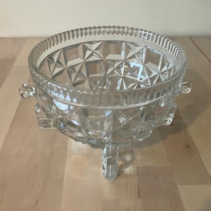 Vintage English Pressed Glass Footed Bowl –  Centerpiece Dish – Diamond Pattern – Mid-Century British Late Art Deco Brutalist Glassware