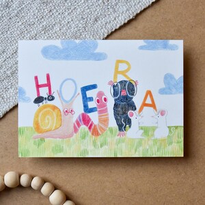 Hourra Carte postale - Carte postale mignonne - Anniversaire - Carte postale de fête - Impression d’art - Décoration murale - Animaux mignons