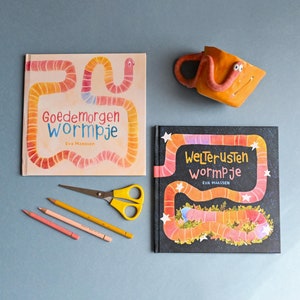 Libro para niños - Gusano de buenos días - Gusano de buenas noches - Tapa dura - Discapacidades de aprendizaje - Tarjetas de estructura