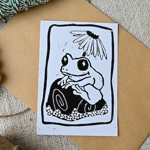 Original Linocut Print - Limited Edition - Frog Illustration - Lino Print - Frog Lino Print - Animal card - Wall decor - Art print - A6