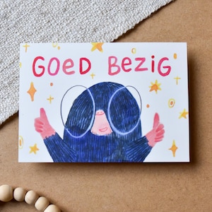 Cartão postal Good Busy - Ilustração - Cartão de felicitações - Decoração de parede - Impressão artística - A6 - Cartão ilustrado - Toupeira - Animal - Ilustração infantil