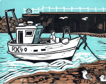 Linoprint Seascape, handprinted original linocut, limited edition, Hastings beach, fishing boat, Bringing the Catch Home