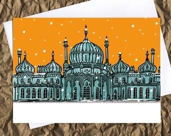 Royal Pavilion, Brighton in the snow 7"x5" card (orange sky)