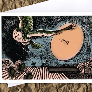 Chouette effraie des cloches de la Jodrell Bank (deuxième coloris), scène de nuit, télescope, astronomie, Cheshire, science, linogravure