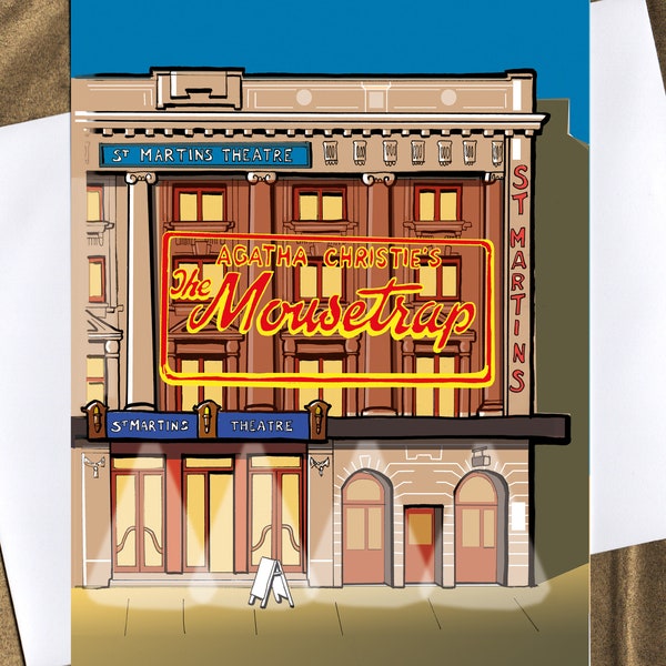 St Martin's Theatre London at night greetings card, home of The Mousetrap