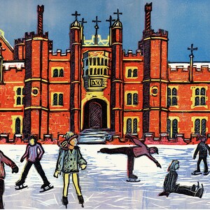 May include: A woodblock print of a red brick building with a large arched entrance. People are ice skating in front of the building.