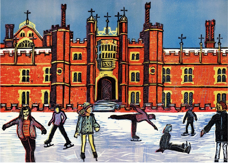 May include: A woodblock print of a red brick building with a large arched entrance. People are ice skating in front of the building.
