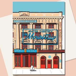 Greetings card, blank inside, showing an illustration of the front of the St Martin's Theatre, London, by day.