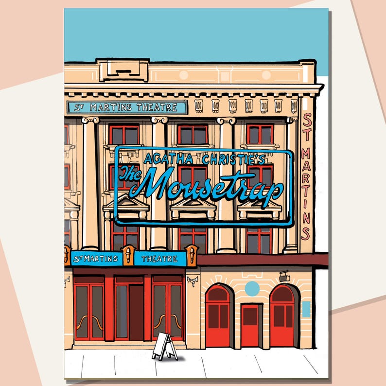 Greetings card, blank inside, showing an illustration of the front of the St Martin's Theatre, London, by day.