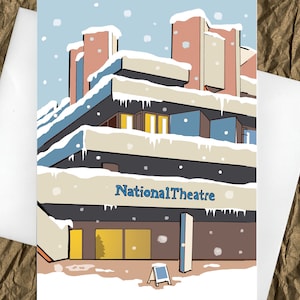 May include: A snowy illustration of the National Theatre in London, England. The building is a modern, concrete structure with a distinctive design. The illustration is in a cartoon style and features snow falling from the sky.
